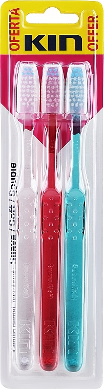 Zestaw, przezroczysta + czerwona + turkusowa - Kin Cepillo Dental Soft Toothbrush (toothbrush/3pcs)  — Zdjęcie N1