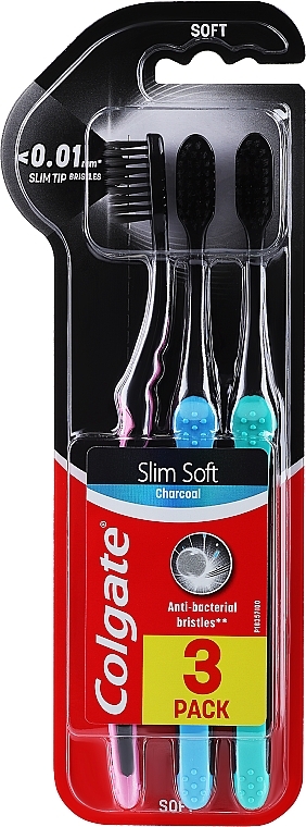 Ultramiękkie szczoteczki do zębów, różowa + niebieska + turkusowa - Colgate Slim Soft Charcoal Ultra Soft — Zdjęcie N1