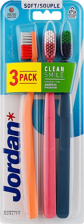 Szczoteczka do zębów 3 szt., miękka, różowa, pomarańczowa, granatowa - Jordan Clean Smile Soft — Zdjęcie N1