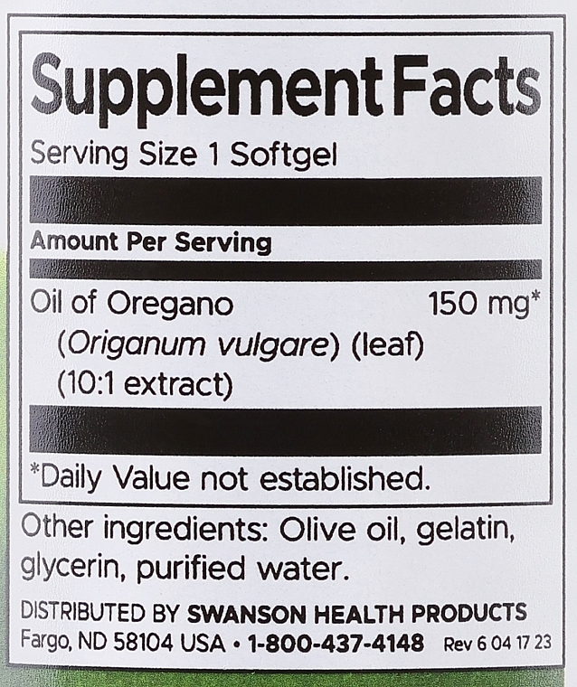 Suplement diety Olej z oregano - Swanson Oregano Oil 10:1 Extract 150 mg — Zdjęcie N3