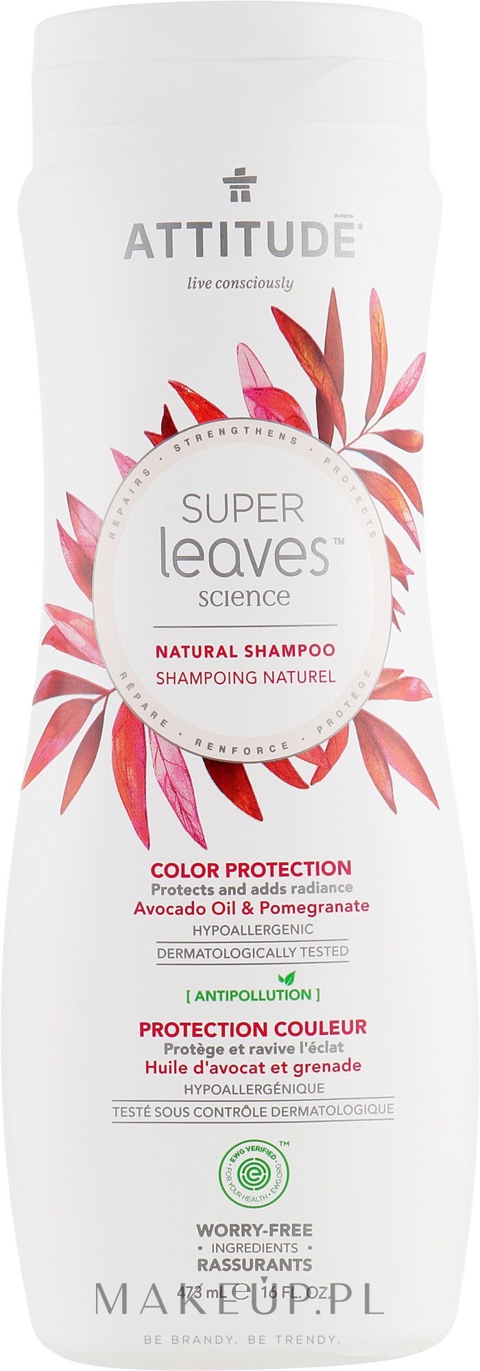 Naturalny szampon hipoalergiczny do włosów farbowanych Ochrona koloru - Attitude Super Leaves Color Protection Avocado Oil & Pomegranate Shampoo — Zdjęcie 473 ml