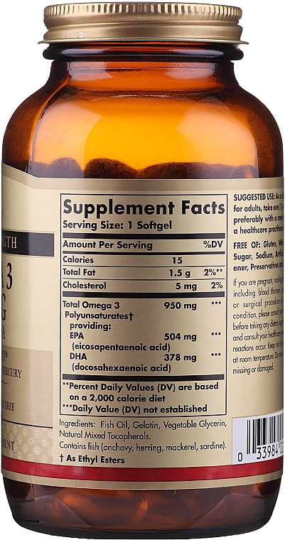 Suplement diety Omega-3 EPA i DHA - Solgar Triple Strength 950 Mg — Zdjęcie N2