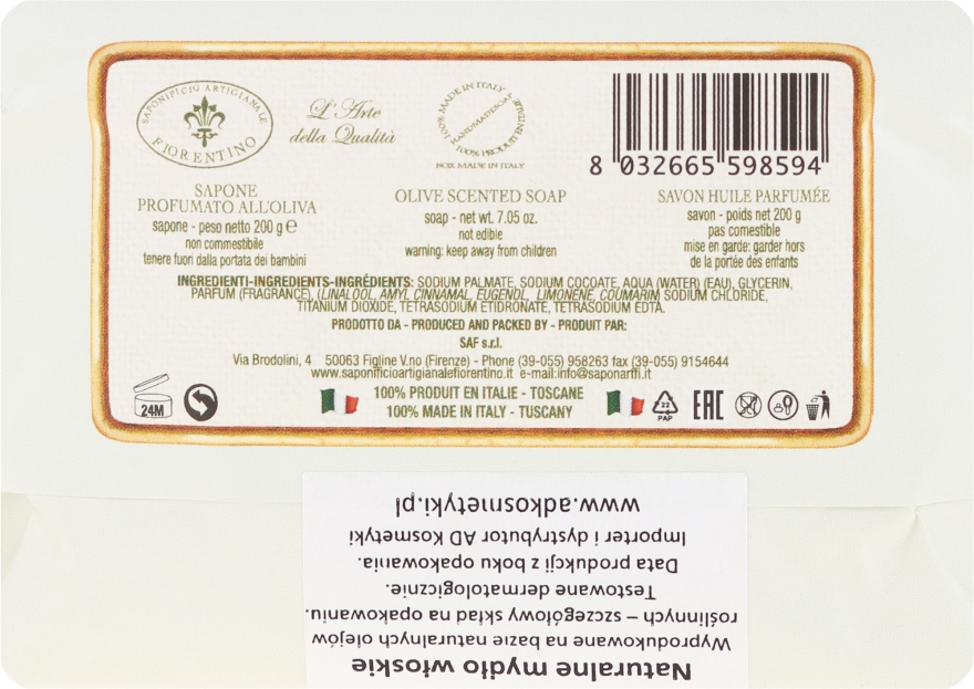 Naturalne mydło kostce Oliwa - Saponificio Artigianale Fiorentino Olive Soap — Zdjęcie N2