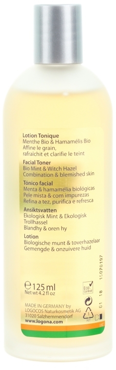 Oczyszczający tonik do twarzy do skóry normalnej i mieszanej - Logona Facial Care Facial Toner Organic Mint & Witch Hazel — Zdjęcie N2