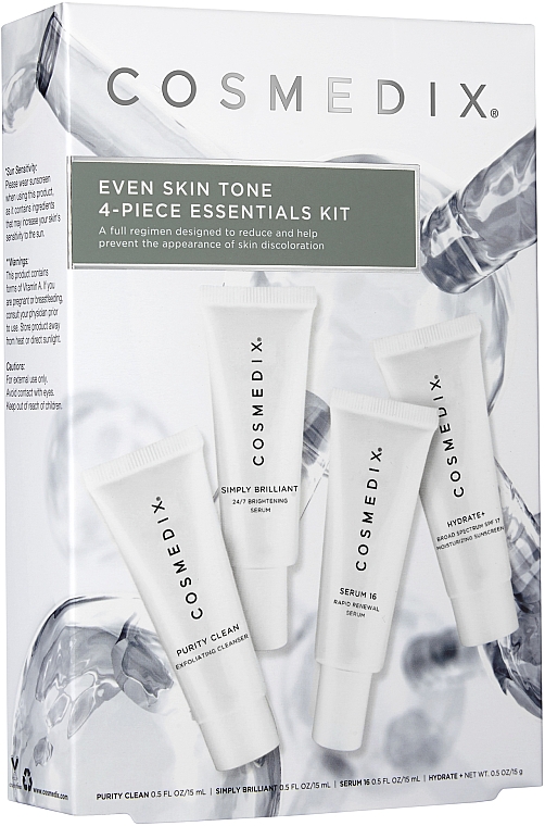Zestaw - Cosmedix Even Skin Tone 4-Piece Essentials Kit (f/cleanser 15 ml + f/ser 15 ml + f/ser 15 ml + f/cr 15 ml)