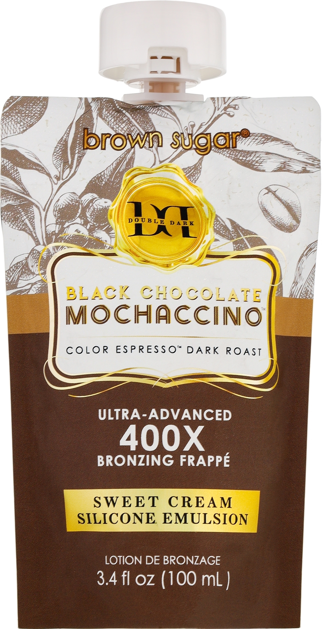 Krem brązujący z ekstraktem z palonych ziaren kawy, ciemnym karmelem i bitą śmietaną - Tan Incorporated Brown Sugar 400x Black Chocolate Mochaccino (doypack) — Zdjęcie 100 ml