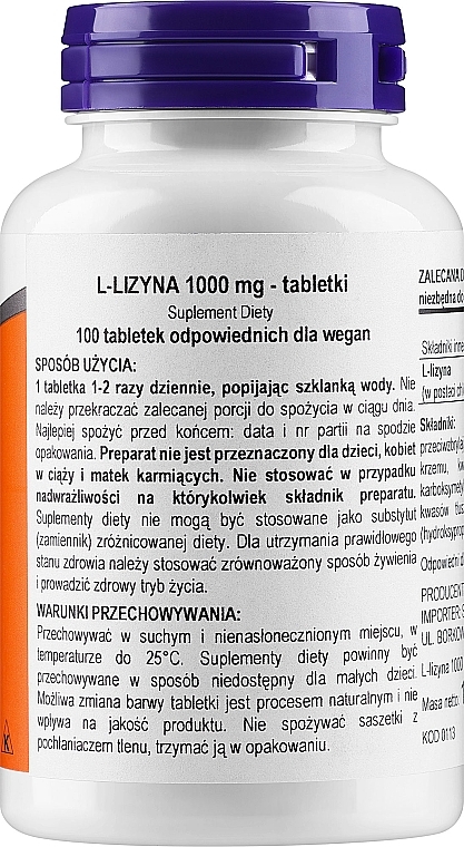 L-lizyna w tabletkach 1000 mg - Now Foods L-Lysine Tablets — Zdjęcie N2