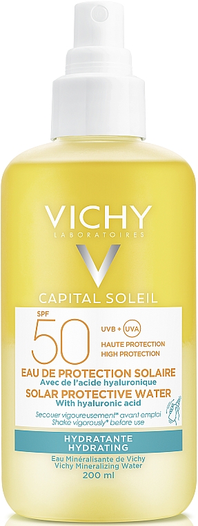Dwufazowy spray nawilżający do twarzy i ciała z kwasem hialuronowym, SPF50 - Vichy Capital Soleil Solar Protective Water