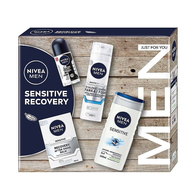 Zestaw - NIVEA MEN Sensitive Recovery Collection (ash/balm/100ml + foam/200ml + shower/gel/250ml + deo/50ml) — Zdjęcie N1