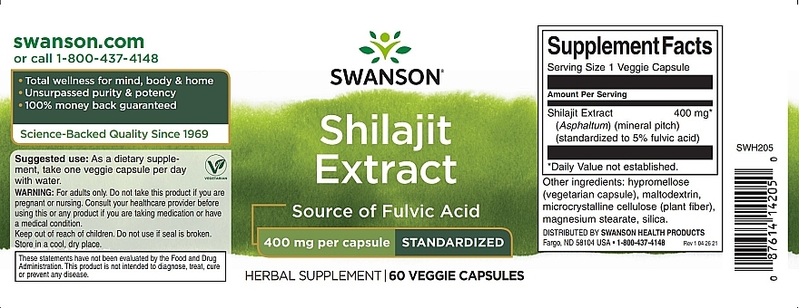 Suplement diety Wyciąg z shilajit, 400 mg - Swanson Shilajit Extract — Zdjęcie N2