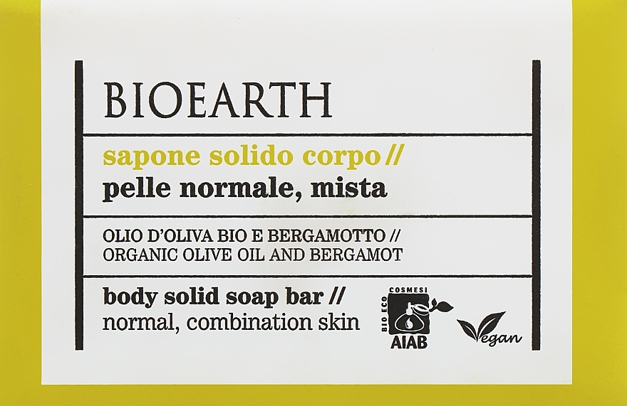 Naturalne mydło do ciała - Bioearth Olive Oil & Bergamot Body Solid Soap Bar — Zdjęcie N1