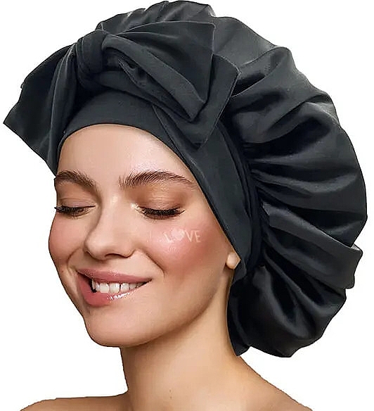 Satynowy turban do włosów z wiązaniem, czarny - Yeye Bonnet — Zdjęcie N1