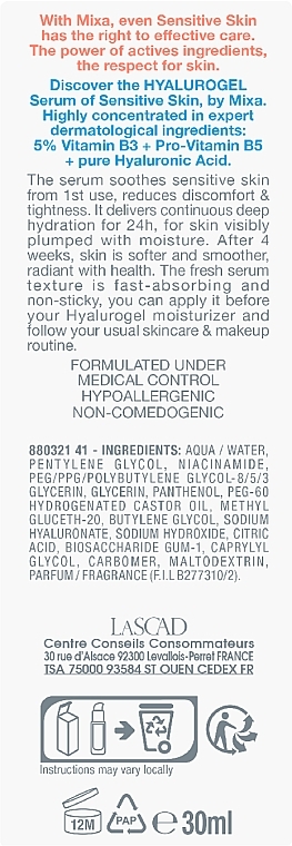 Nawilżające serum do twarzy do skóry wrażliwej, normalnej i suchej - Mixa Hyalurogel The Serum Of Sensitive Skin — Zdjęcie N3