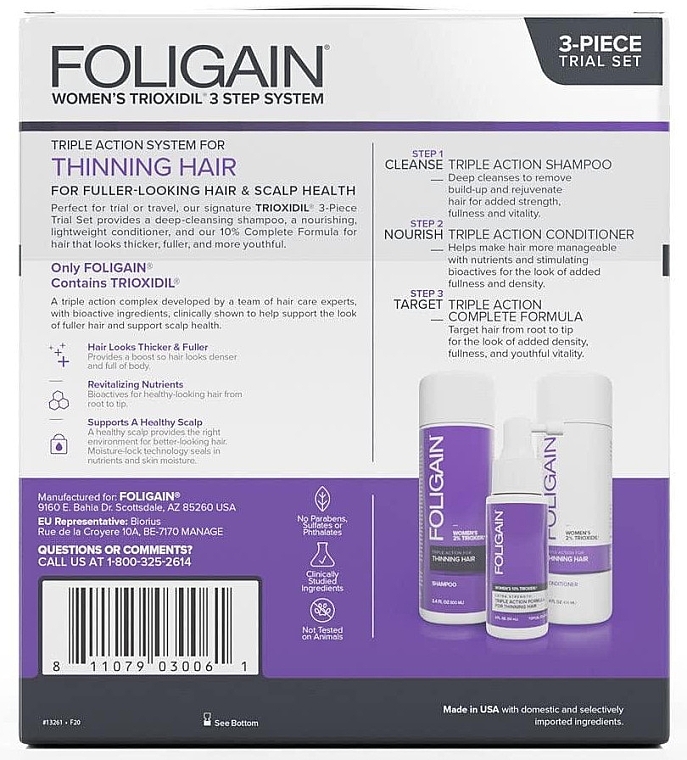 Zestaw - Foligain Triple Action Hair Care System For Women (shmp/100ml + cond/100ml + ser/30ml) — Zdjęcie N2