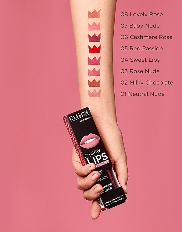 PRZECENA! Zestaw: matowa pomadka w płynie i konturówka - Eveline Cosmetics Oh! My Lips (lipstick 4,5 ml + lip/pen 1 g) * — Zdjęcie N3