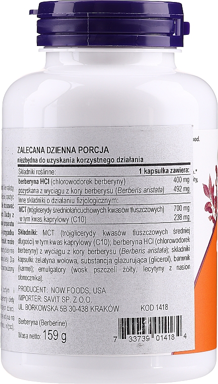 Suplement diety Berberyna - Now Foods Berberine Glucose Support — фото N2