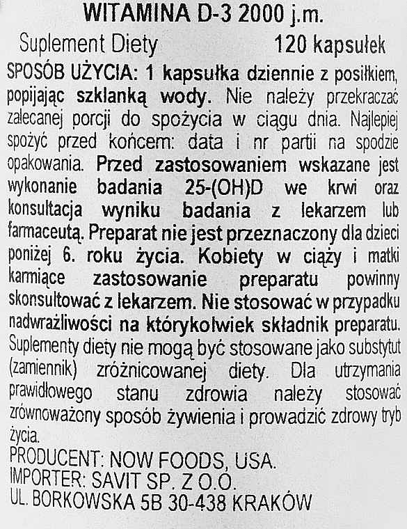 Kapsułki żelatynowe Witamina D3 - Now Foods Vitamin D3 2000 IU — Zdjęcie N2