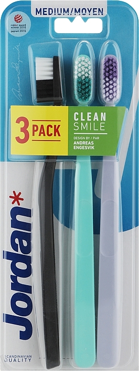 Średnio twarda szczoteczka do zębów, 3 szt., zielona + liliowa + czarna - Jordan Clean Smile Medium — Zdjęcie N1