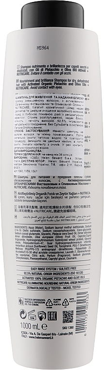 Odżywczo-nabłyszczający szampon z olejem pistacjowym i oliwą z oliwek do włosów suchych i odwodnionych - Helen Seward Nutrive 4/S Shampoo — Zdjęcie N3