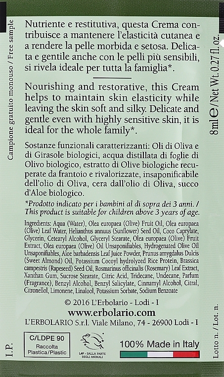 Odżywczy krem do ciała z oliwą z oliwek - L'Erbolario L'Olivo Nourishing Body Cream With Organic Olive Oil (próbka) — Zdjęcie N2