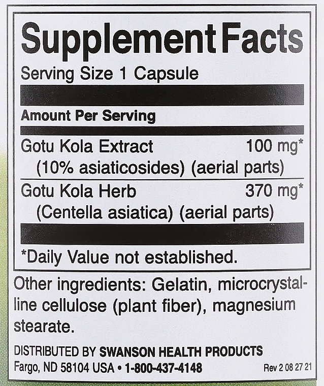 Suplement diety Gotu kola, 100 mg - Swanson Gotu Kola Extract — Zdjęcie N3