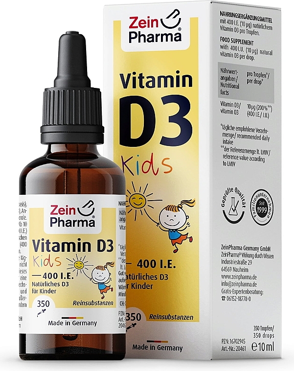 Suplement diety dla dzieci Witamina D3, w kroplach - ZeinPharma Vitamin D3 Kids Drops 400IU — Zdjęcie N1