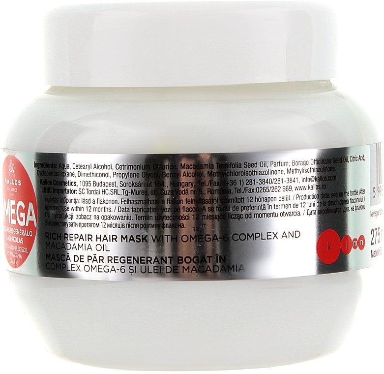 Bogato regenerująca maska do włosów z kompleksem omega-6 i olejem makadamia - Kallos Cosmetics KJMN Rich Repair Hair Mask With Omega-6 Complex And Macadamia Oil — Zdjęcie N2
