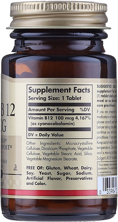 Suplement diety Witamina B12, 100 mcg - Solgar Vitamin B12 — Zdjęcie N3