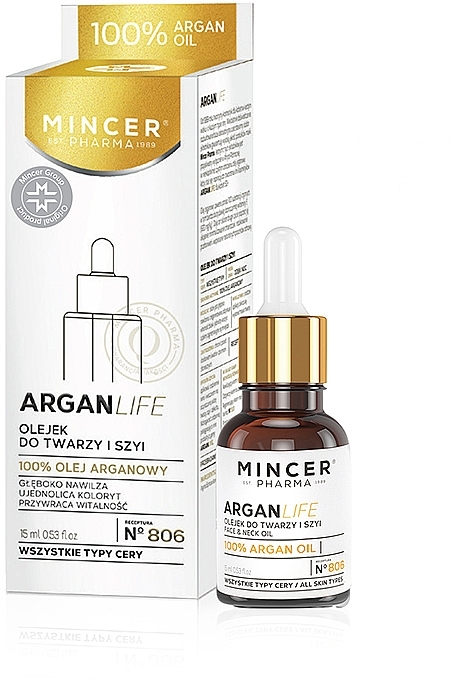 100% olej arganowy do twarzy, szyi i dekoltu 50+ - Mincer Pharma Argan Life N°806