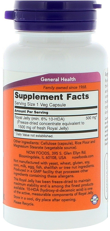 Suplement diety z mleczkiem pszczelim - Now Foods Royal Jelly 1500 mg, 60 Veg Capsules — Zdjęcie N2