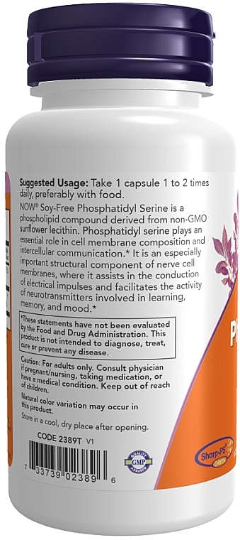 Fosfatydyloseryna, bez soi, 150 mg - Now Foods Phosphatidyl Serine Soy-Free — Zdjęcie N3