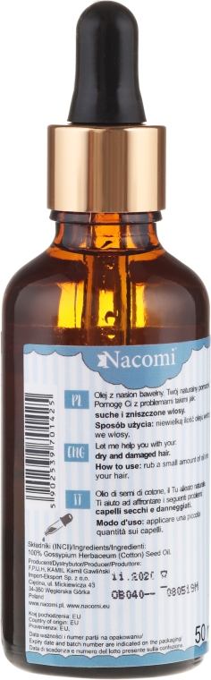 Olej do włosów z nasion bawełny z pipetą - Nacomi Cotton Seed Oil — Zdjęcie N2