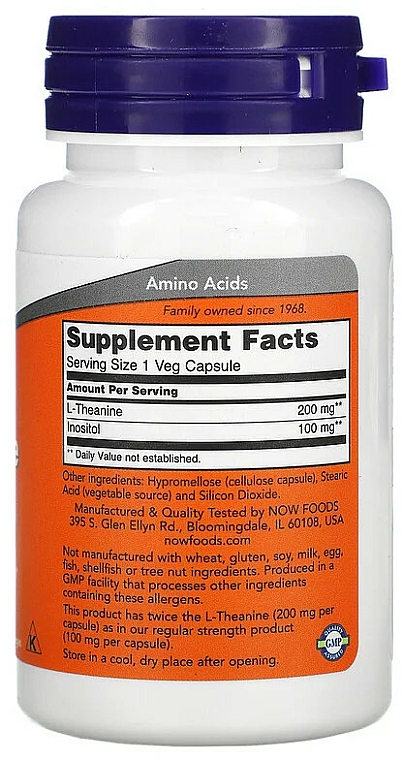 Suplement diety Teina, 200 mg - Now Foods L-Theanine Double Strength Veg Capsules — Zdjęcie N2