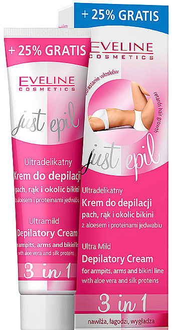 PRZECENA! Ultradelikatny krem do depilacji pach, rąk i okolic bikini 3 w 1 - Eveline Cosmetics Just Epil * — Zdjęcie N1