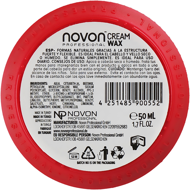 Pomada do włosów, silne utrwalenie - Novon Professional Cream Wax Flexible Strong Hold — Zdjęcie N2