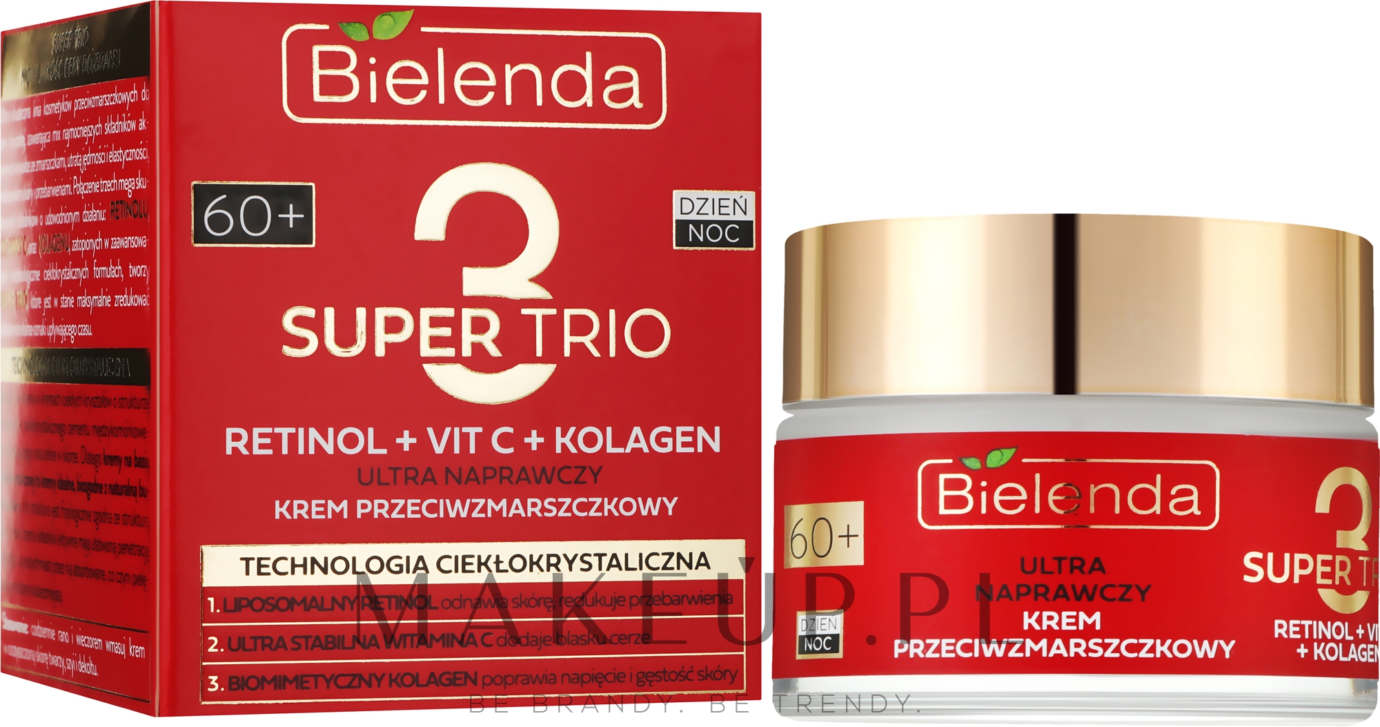 Rewitalizujący krem ​​przeciwzmarszczkowy do twarzy 60+ - Bielenda Super Trio Retinol + Vit C + Kolagen — Zdjęcie 50 ml