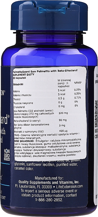 Suplement diety dla zdrowej prostaty - Life Extension PalmettoGuard Saw Palmetto with Beta-Sitosterol — Zdjęcie N2