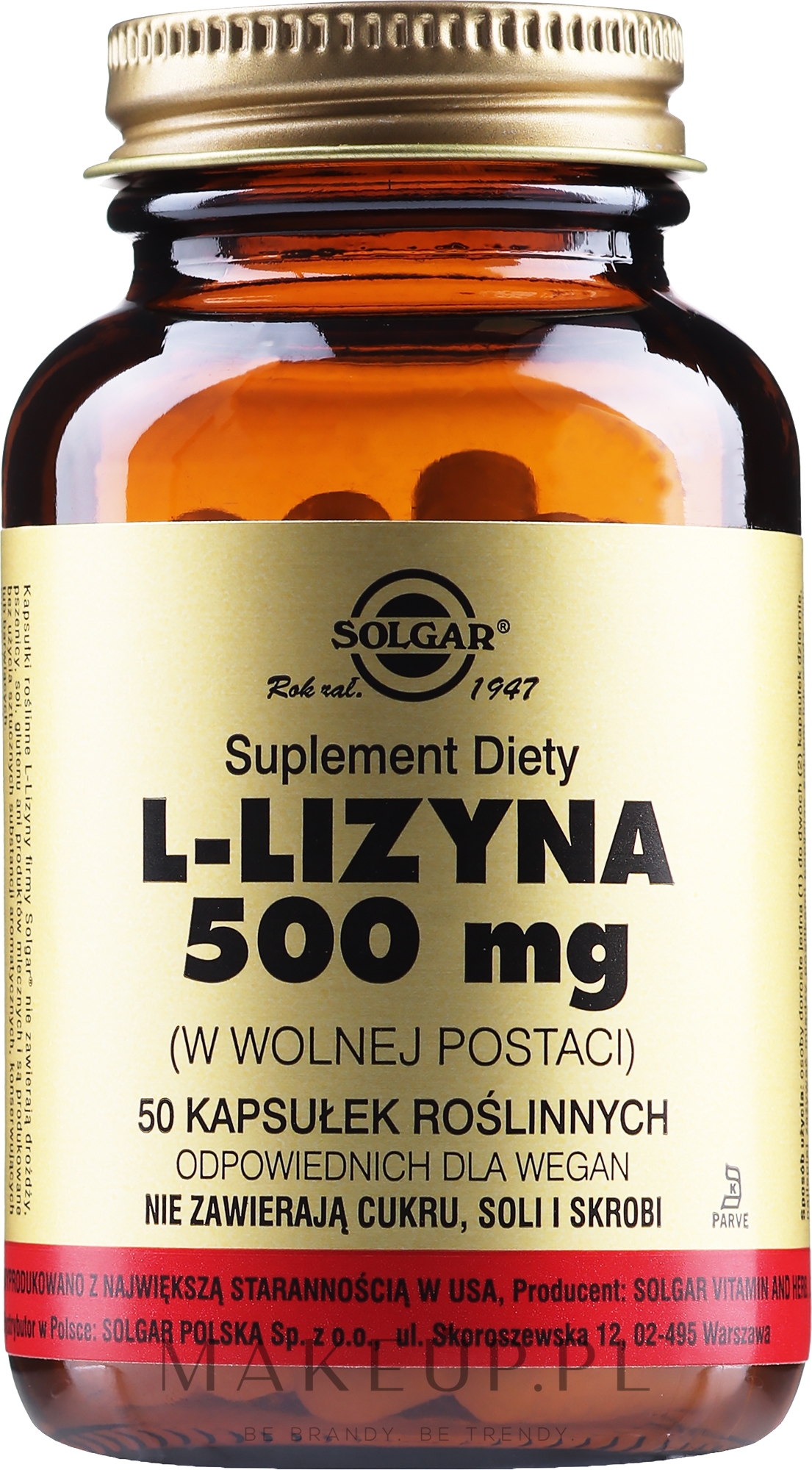 L-Lizyna w kapsułkach, 500 mg - Solgar L-Lysine — Zdjęcie 50 szt.
