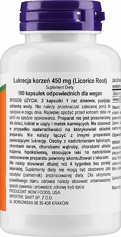 Suplement diety Korzeń lukrecji, 450 mg - Now Foods Licorice Root Capsules — Zdjęcie N2