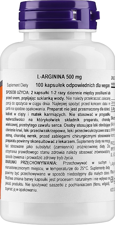 L-arginina w kapsułkach - Now Foods L-Arginine Veg Capsules — Zdjęcie N2