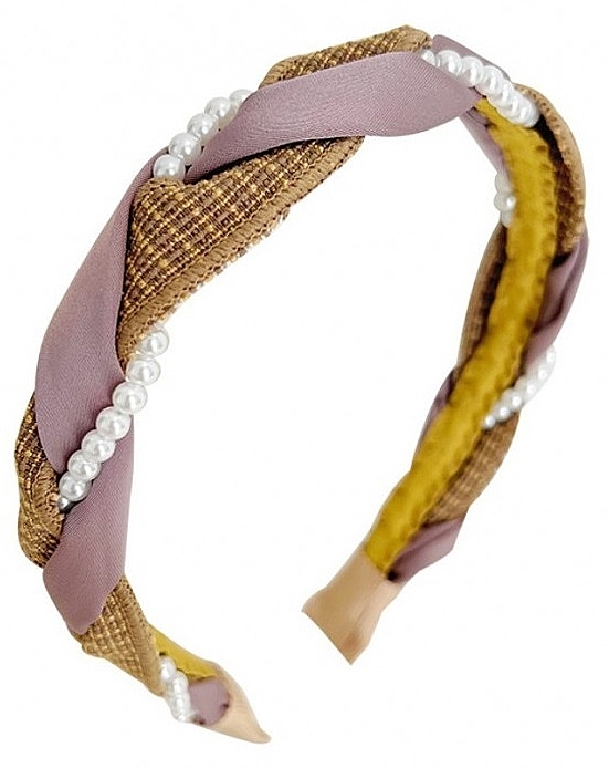 Pleciona opaska na włosy z perełkami, O504, żółto-różowa - Ecarla — Zdjęcie N1