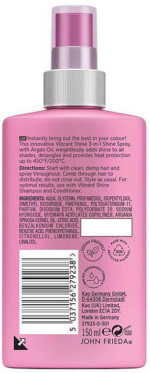 Nabłyszczający spray do włosów 3 w 1 - John Frieda Vibrant Shine 3-in-1 Shine Spray — Zdjęcie N2