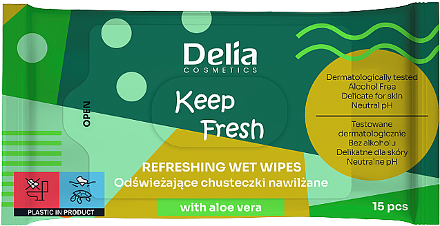 Odświeżające chusteczki nawilżane z aloesem, 15 szt. - Delia Keep Fresh Refreshing Wet Wipes With Aloe Vera — Zdjęcie N1