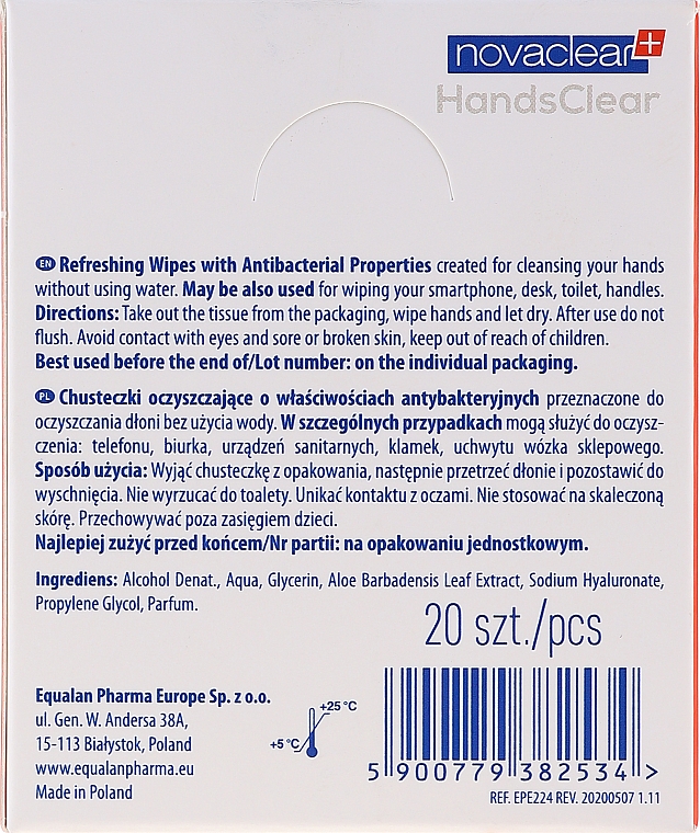 Oczyszczające chusteczki antybakteryjne - Novaclear Hands Clear Refreshing Wipe With Antibacterial Properties — Zdjęcie N2