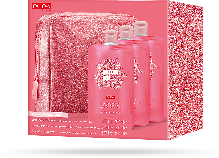 Zestaw (bag + milk 200 ml + cream 200 ml + scrub 200 ml) - Pupa Glitter Lab Frizzy Daily Dose — Zdjęcie N2