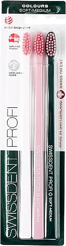 Szczoteczki do zębów z różowym włosiem, biała, różowa, zielona - Swissdent Profi Colours Soft-Medium Trio — Zdjęcie N1