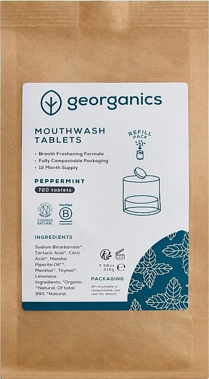 PRZECENA! Tabletki do płukania ust z miętą - Georganics Mouthwash Tablets Peppermint Refill (uzupełnienie) * — Zdjęcie N1