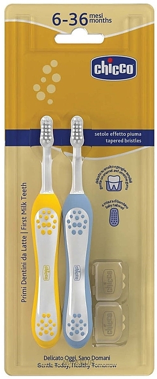 Zestaw szczoteczek do pierwszych ząbków, 6-36 miesięcy, niebieski i żółty - Chicco First Milk Teeth (toothbrush/2pcs)  — Zdjęcie N1