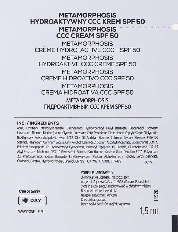 PREZENT! Hydroaktywny krem ​​CCC do twarzy SPF 50 - Yonelle Metamorphosis Hydroactive CCC Cream (próbka) — Zdjęcie N2