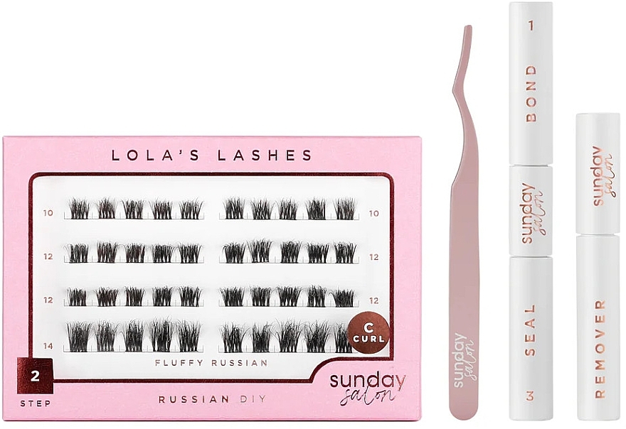 Zestaw - Lola's Lashes Fluffy Russian Diy Lash Extensions Starter Set (bond/seal/2x3.5ml + remover/4ml + eyelashes/40pcs + applicator/1pcs) — Zdjęcie N1